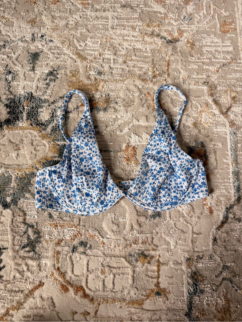 Hollister Blue and White Floral Bikini Top with Adjustable Straps
